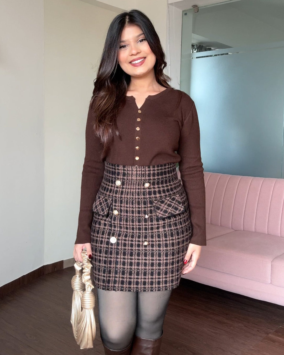 Solid Golden Button Round Neck Top