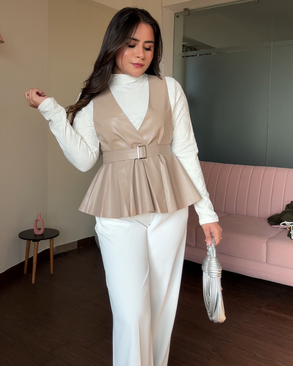 3-Piece Leather Detailing Peplum Belted Top