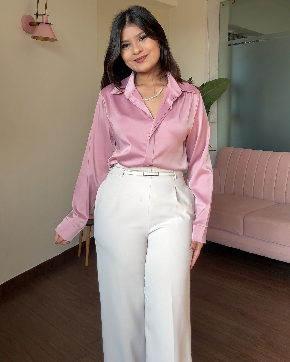 Satin Pearl Necklace Full Sleeve Blouse