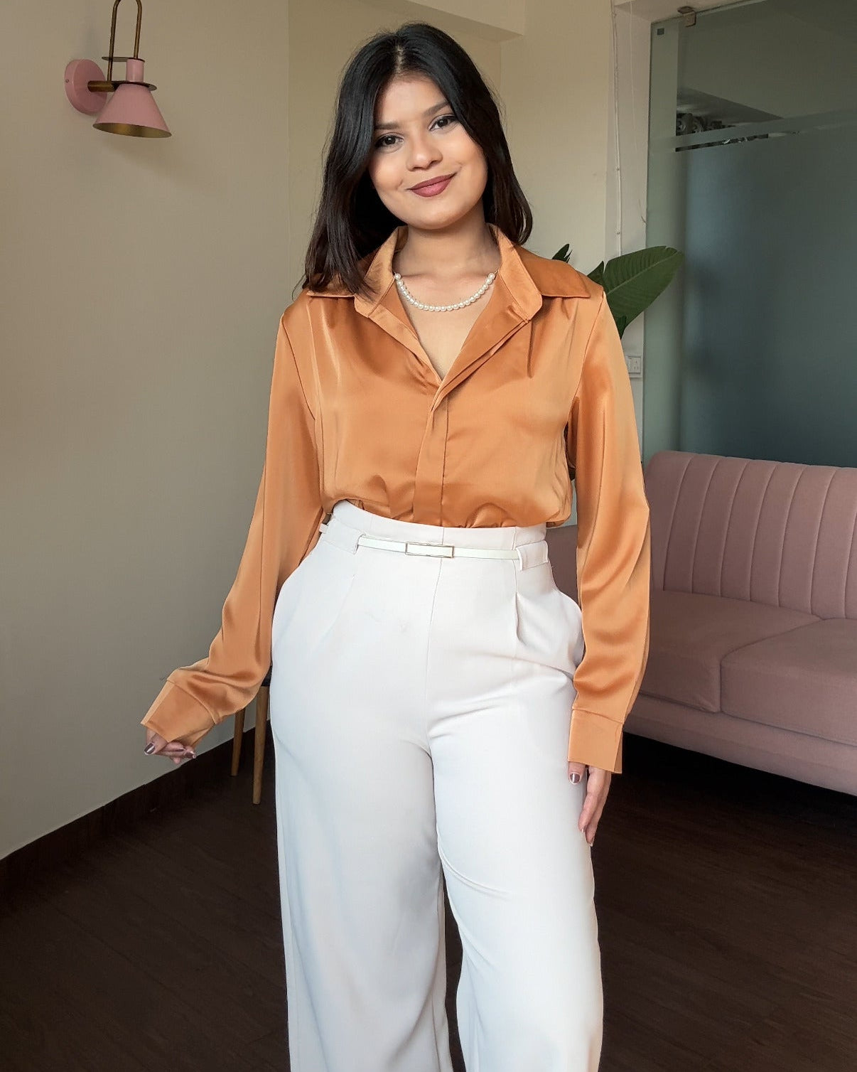 Satin Pearl Necklace Full Sleeve Blouse