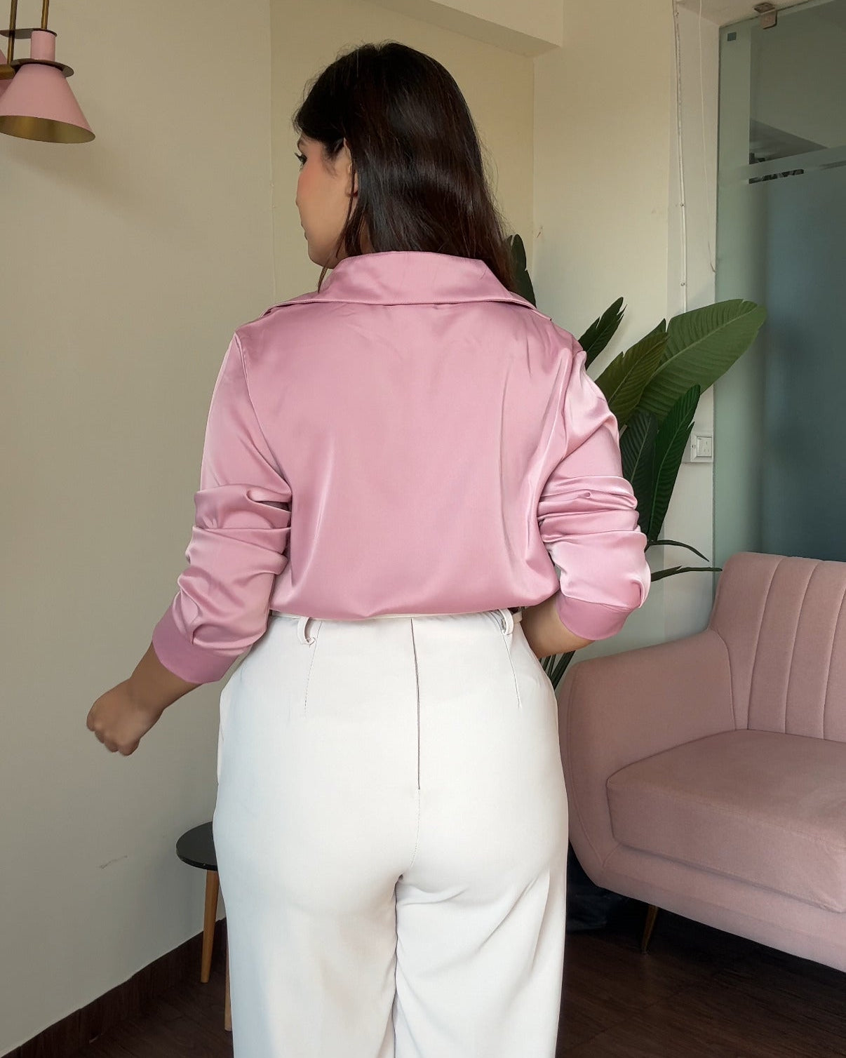 Satin Pearl Necklace Full Sleeve Blouse