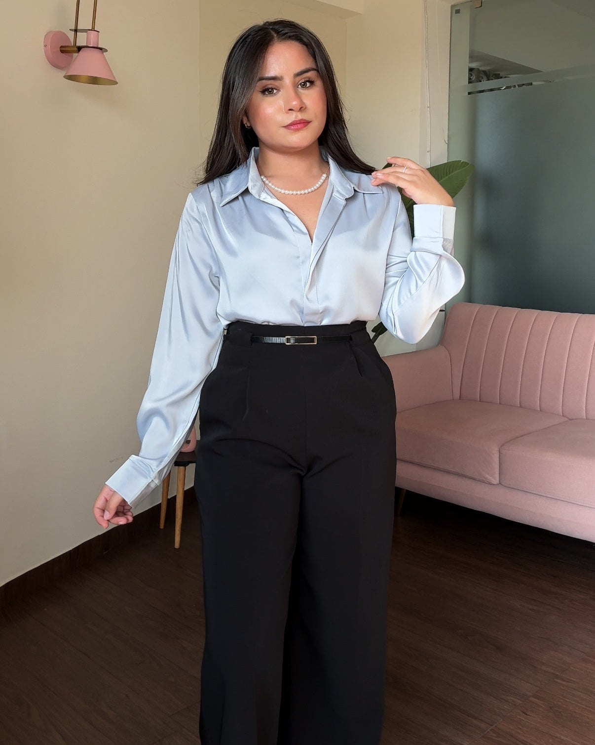 Satin Pearl Necklace Full Sleeve Blouse