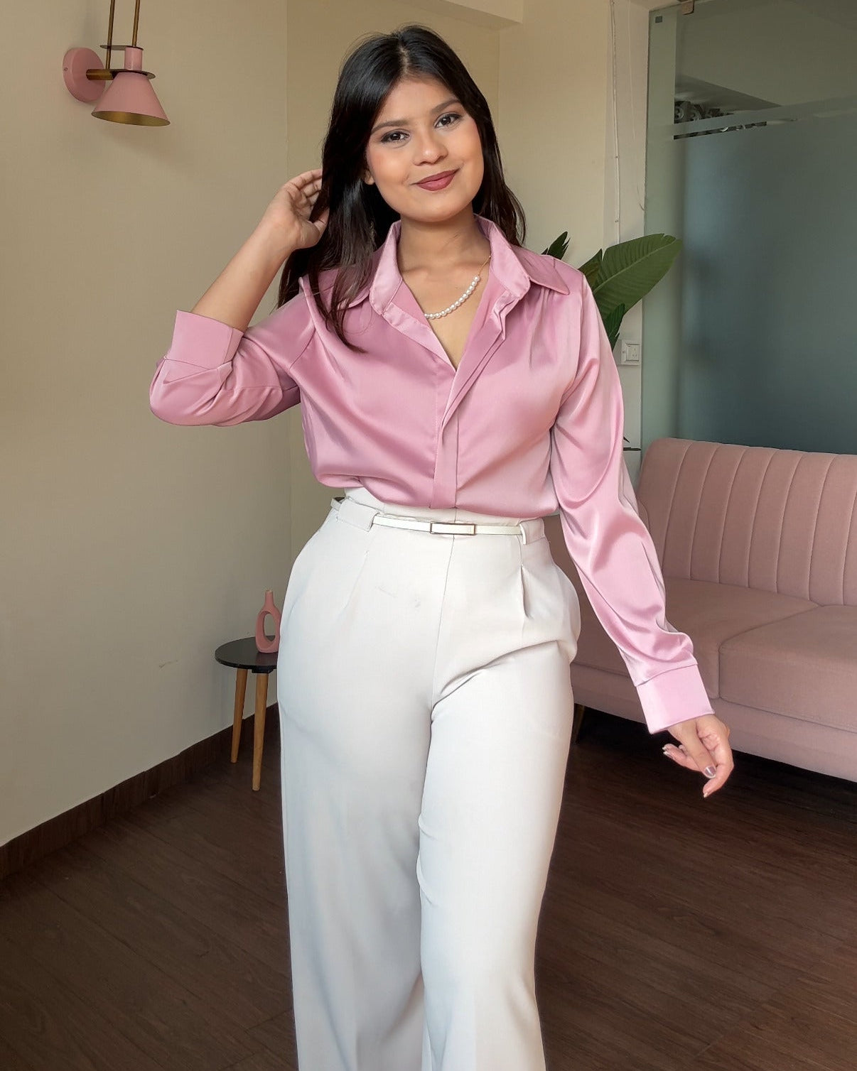 Satin Pearl Necklace Full Sleeve Blouse