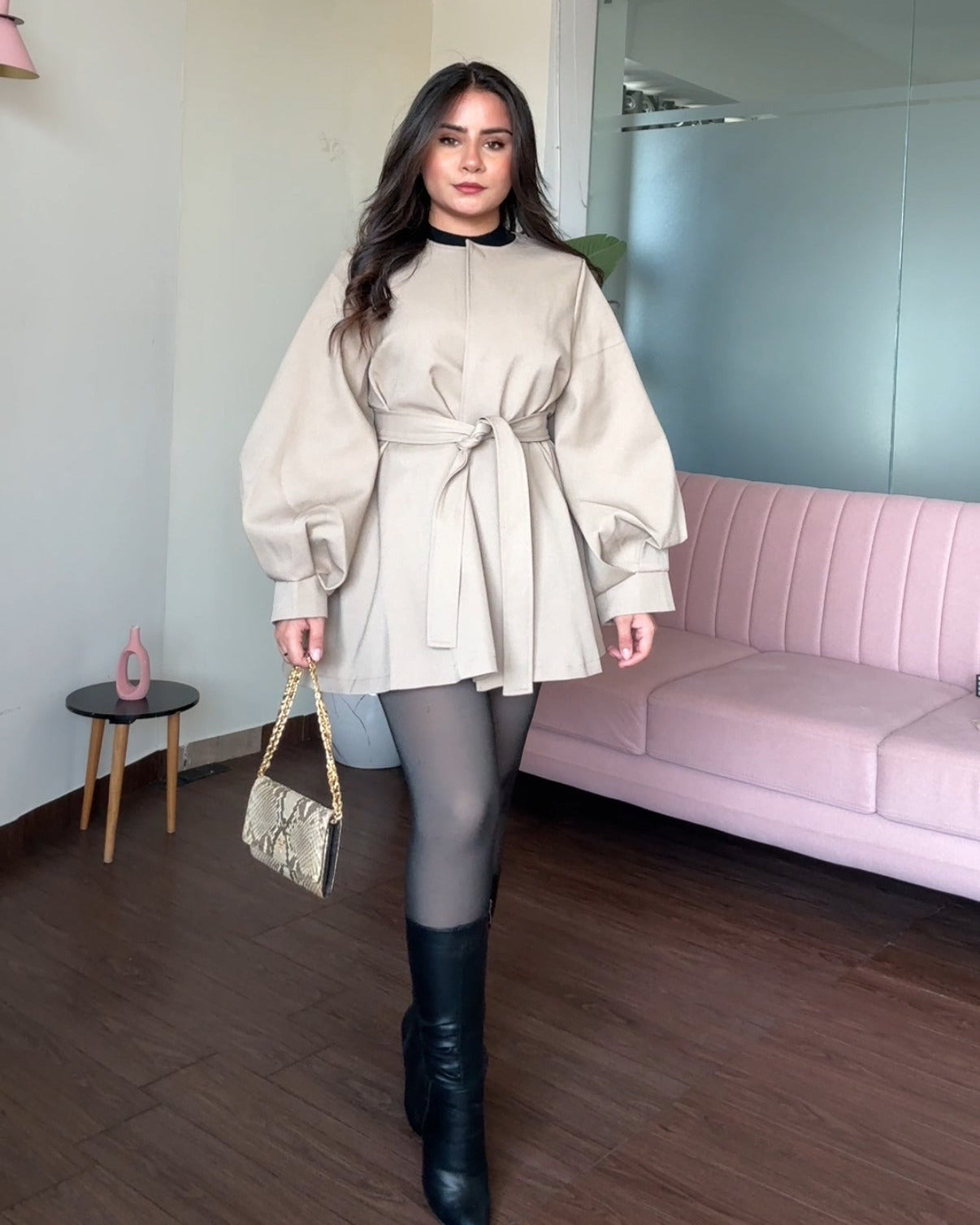 Balloon Sleeve Clip-Up Flared Mini Trench Coat With Belt