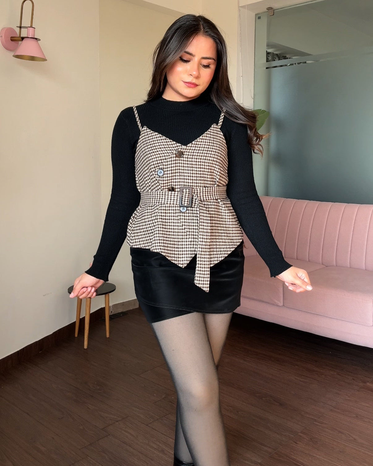 3-Piece Houndstooth Pattern Vest Top With Belt