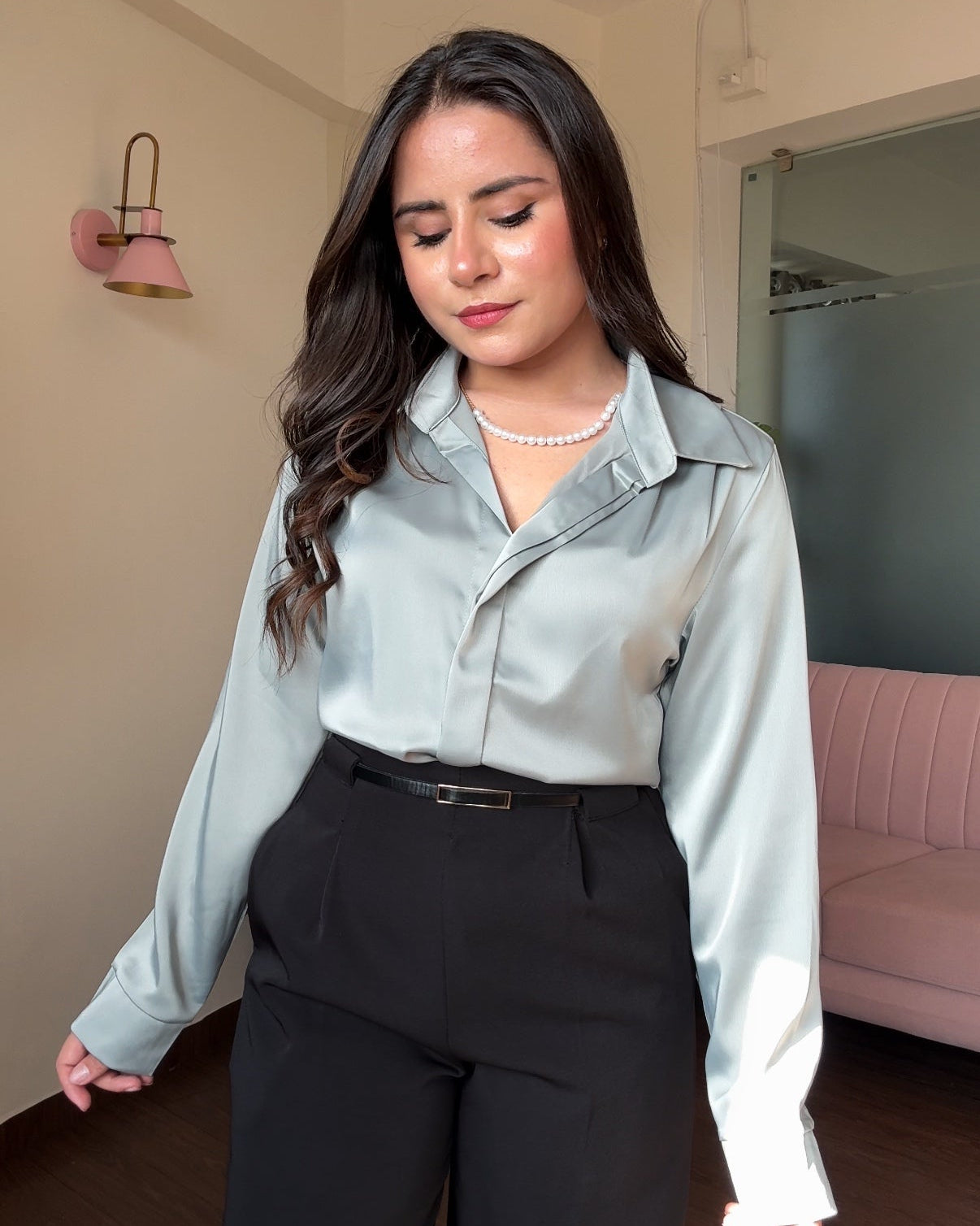 Satin Pearl Necklace Full Sleeve Blouse