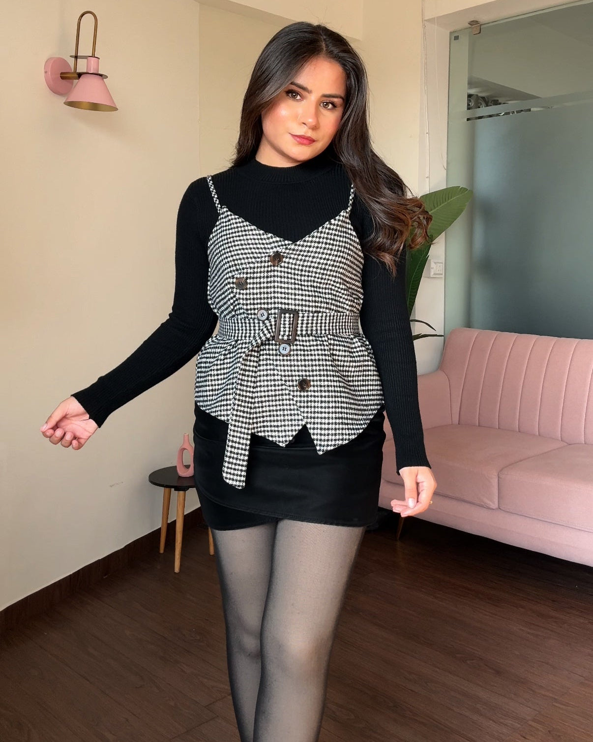 3-Piece Houndstooth Pattern Vest Top With Belt