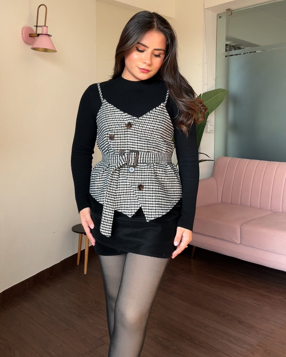 3-Piece Houndstooth Pattern Vest Top With Belt