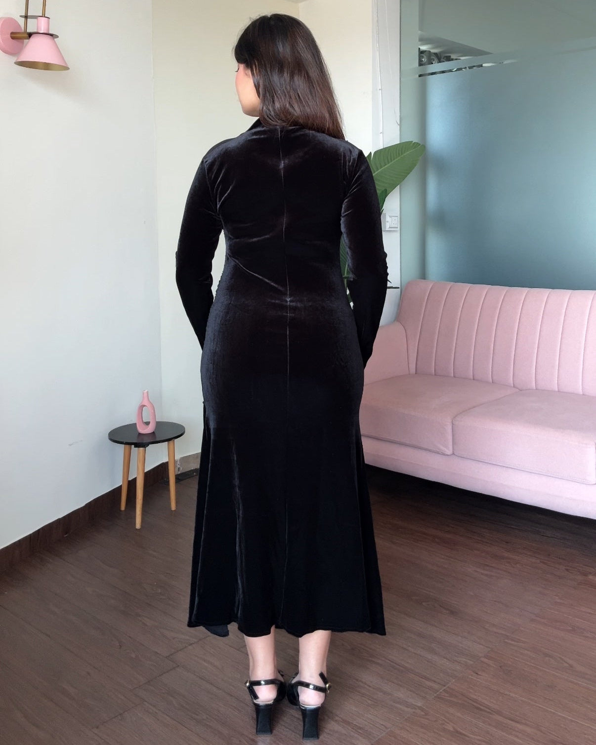 Ruched Velvet Mesh Detailing Dress