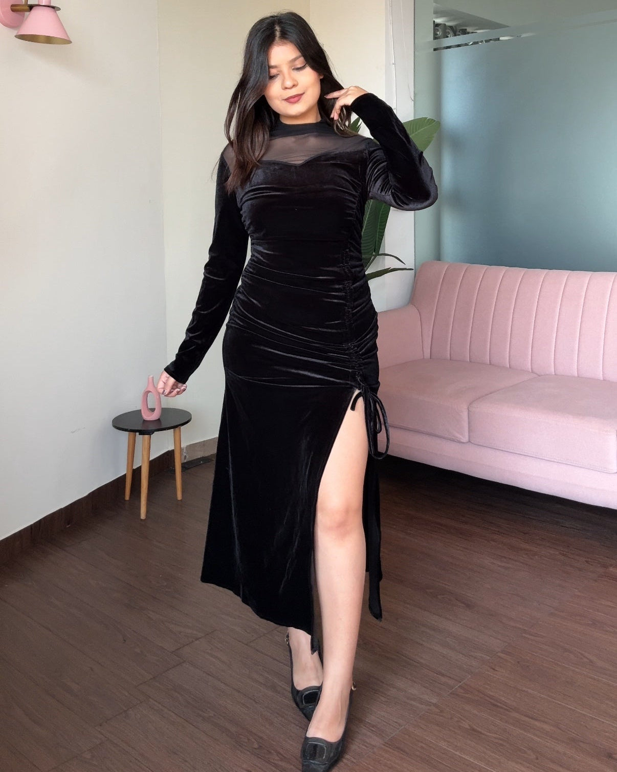 Ruched Velvet Mesh Detailing Dress