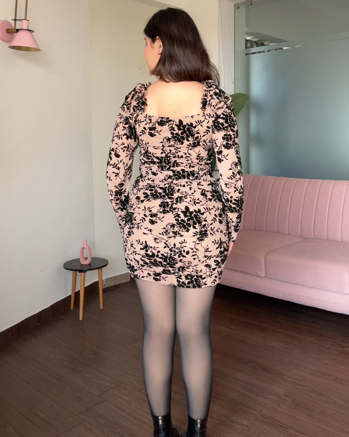 Mesh Floral Velvet Embroidered Ruched Mini Dress