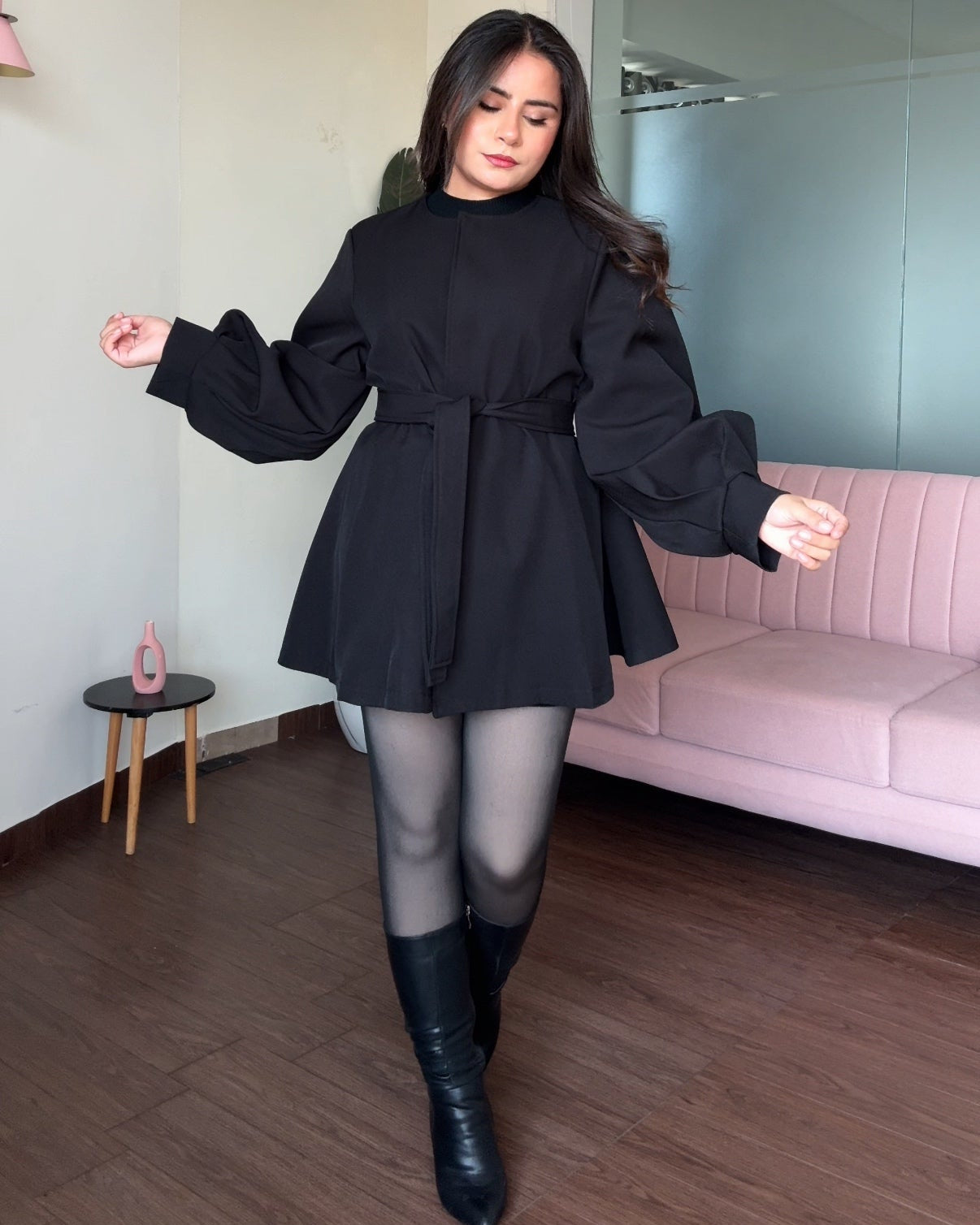 Balloon Sleeve Clip-Up Flared Mini Trench Coat With Belt