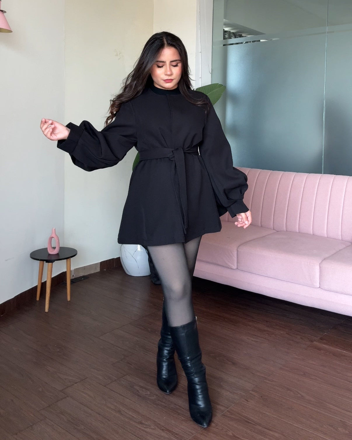 Balloon Sleeve Clip-Up Flared Mini Trench Coat With Belt