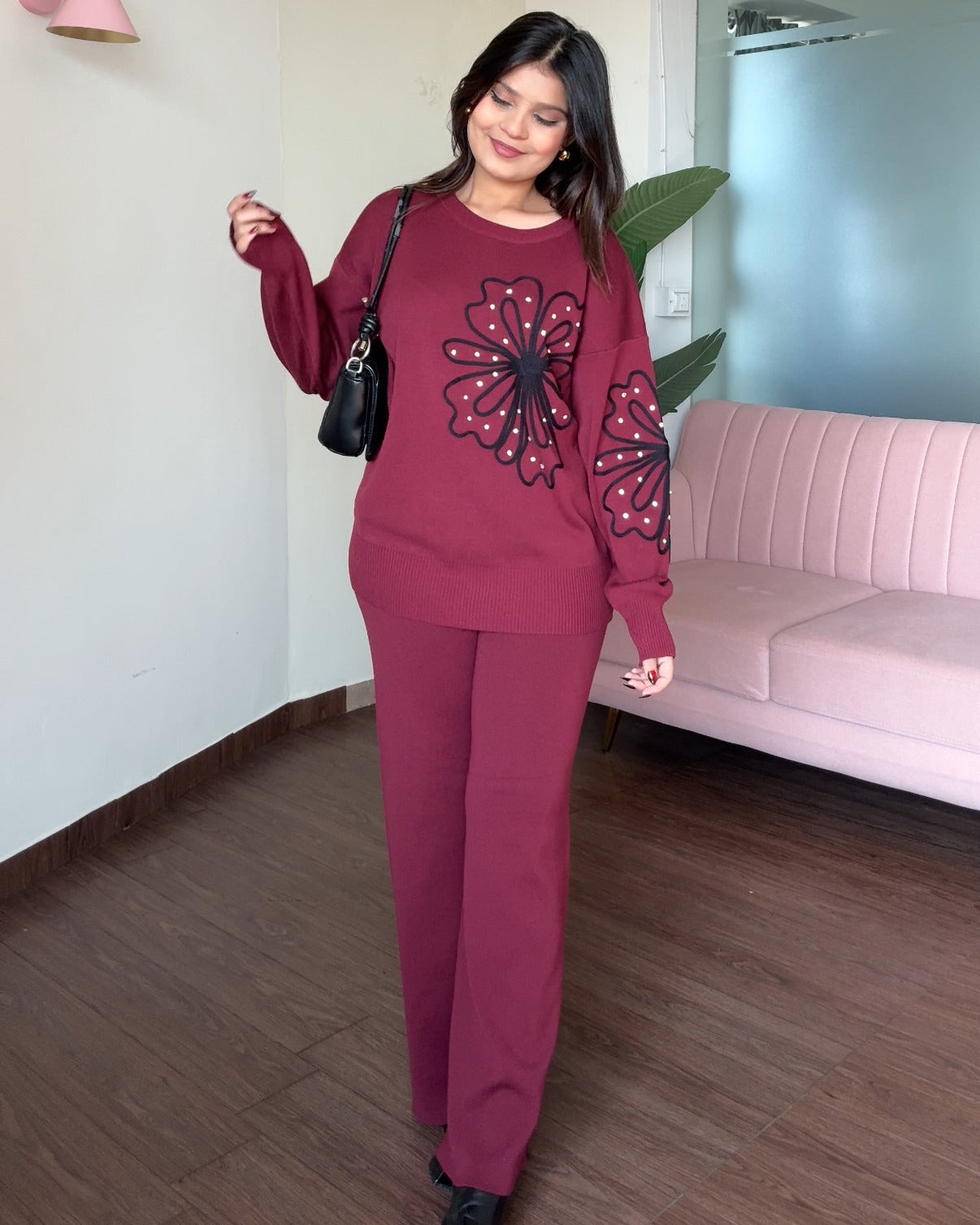 Wine Embellished Flower Detailing Co-ord Set