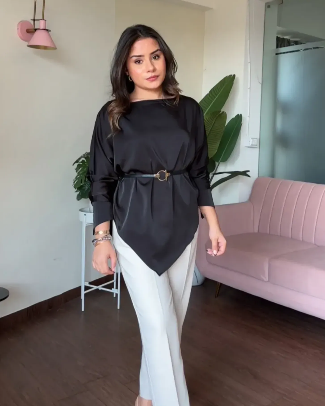 V Shape Hem Blouse With Belt