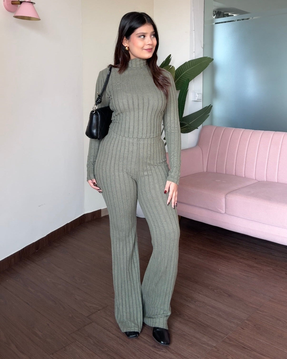 High Neck Ribbed Knitted Fit And Flared Bodycon Co-ord Set