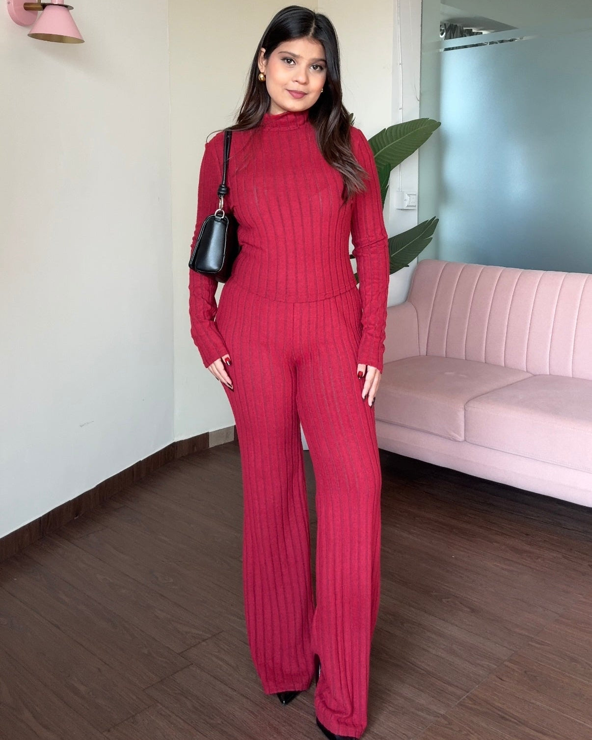 High Neck Ribbed Knitted Fit And Flared Bodycon Co-ord Set