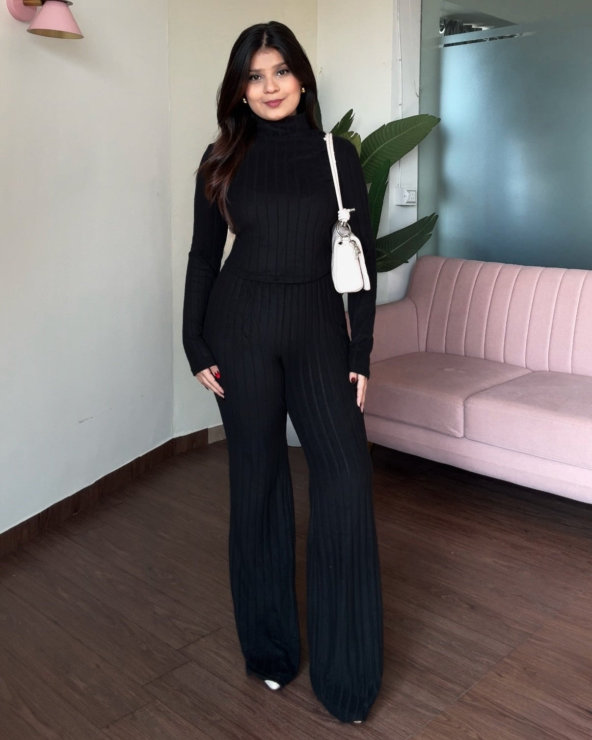 High Neck Ribbed Knitted Fit And Flared Bodycon Co-ord Set