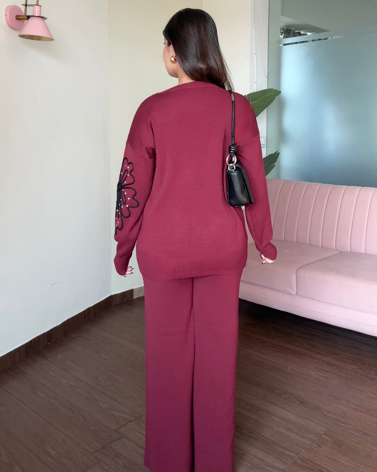 Wine Embellished Flower Detailing Co-ord Set