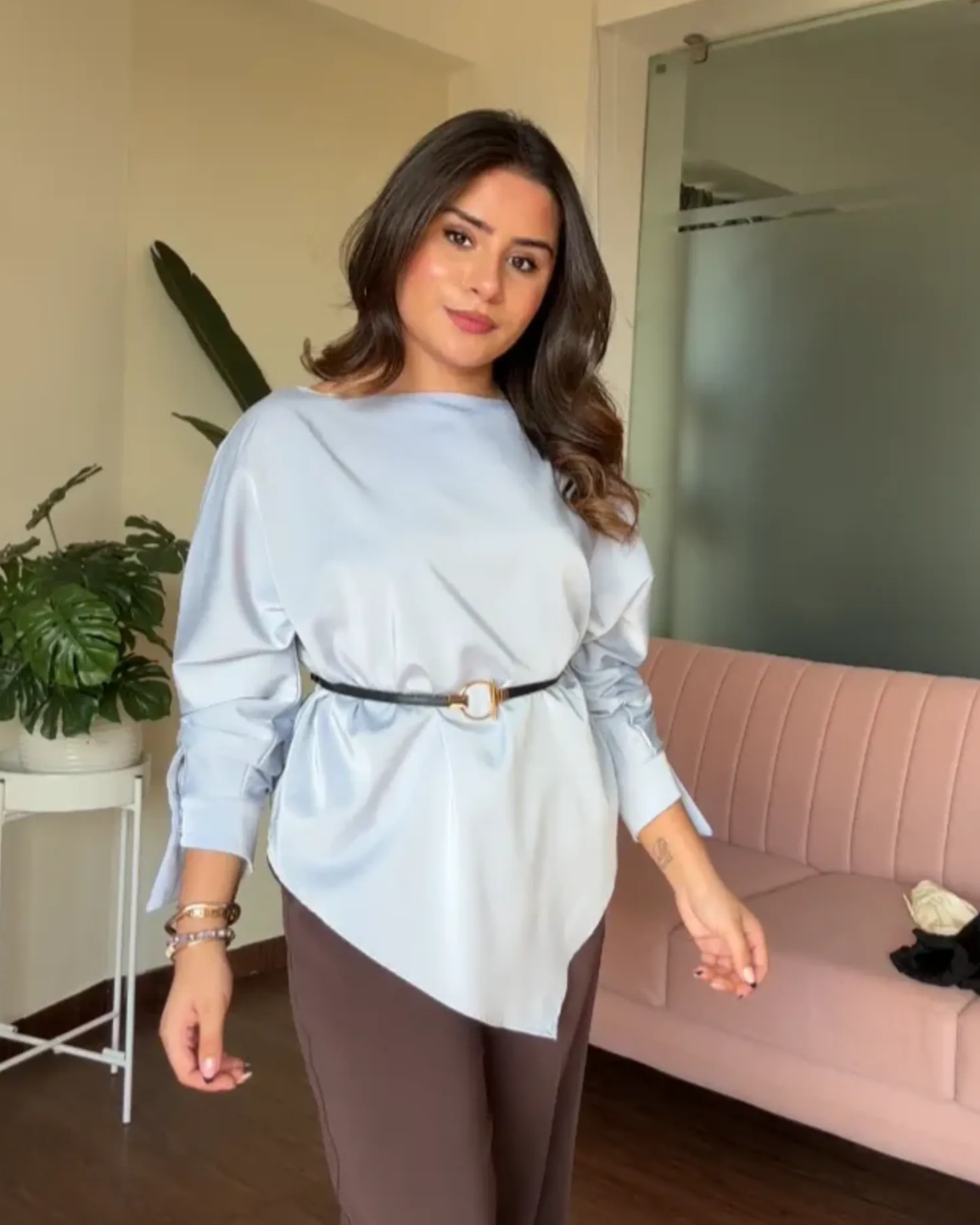 V Shape Hem Blouse With Belt