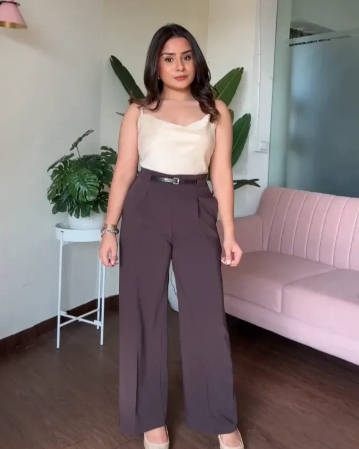 Straight Fit Wide Leg Pants With Belt For Women