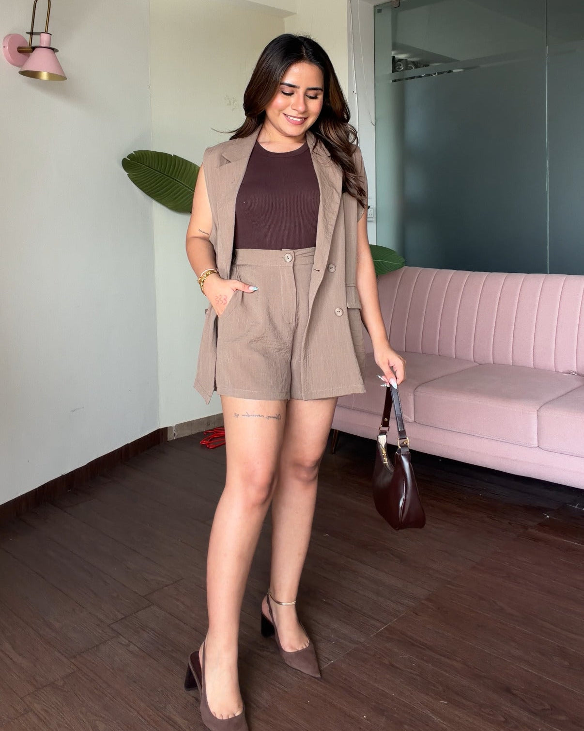 Linen Blazer With Cami Top And Shorts Co-ord Set