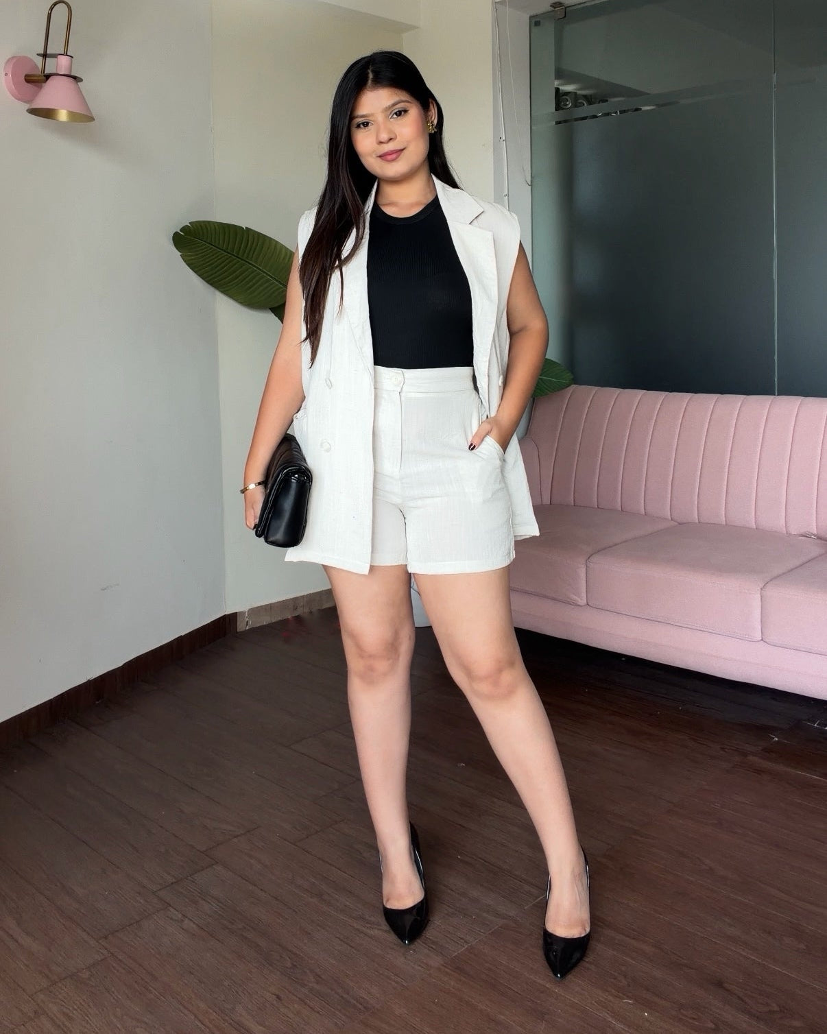 Linen Blazer With Cami Top And Shorts Co-ord Set