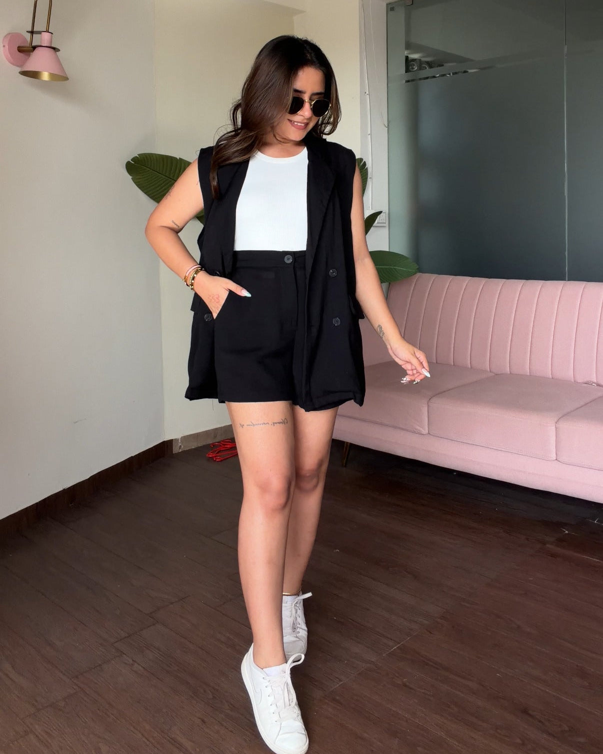 Linen Blazer With Cami Top And Shorts Co-ord Set
