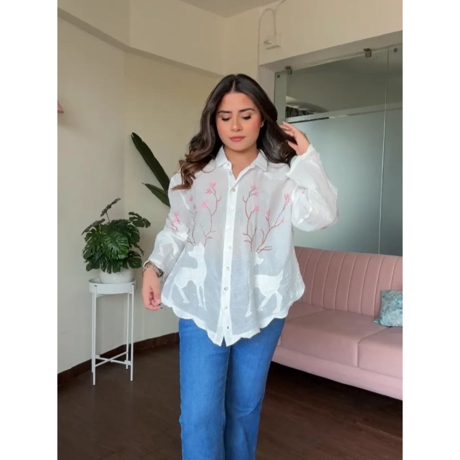 Cherry Blossom Embroidered Tissue Cotton Shirt