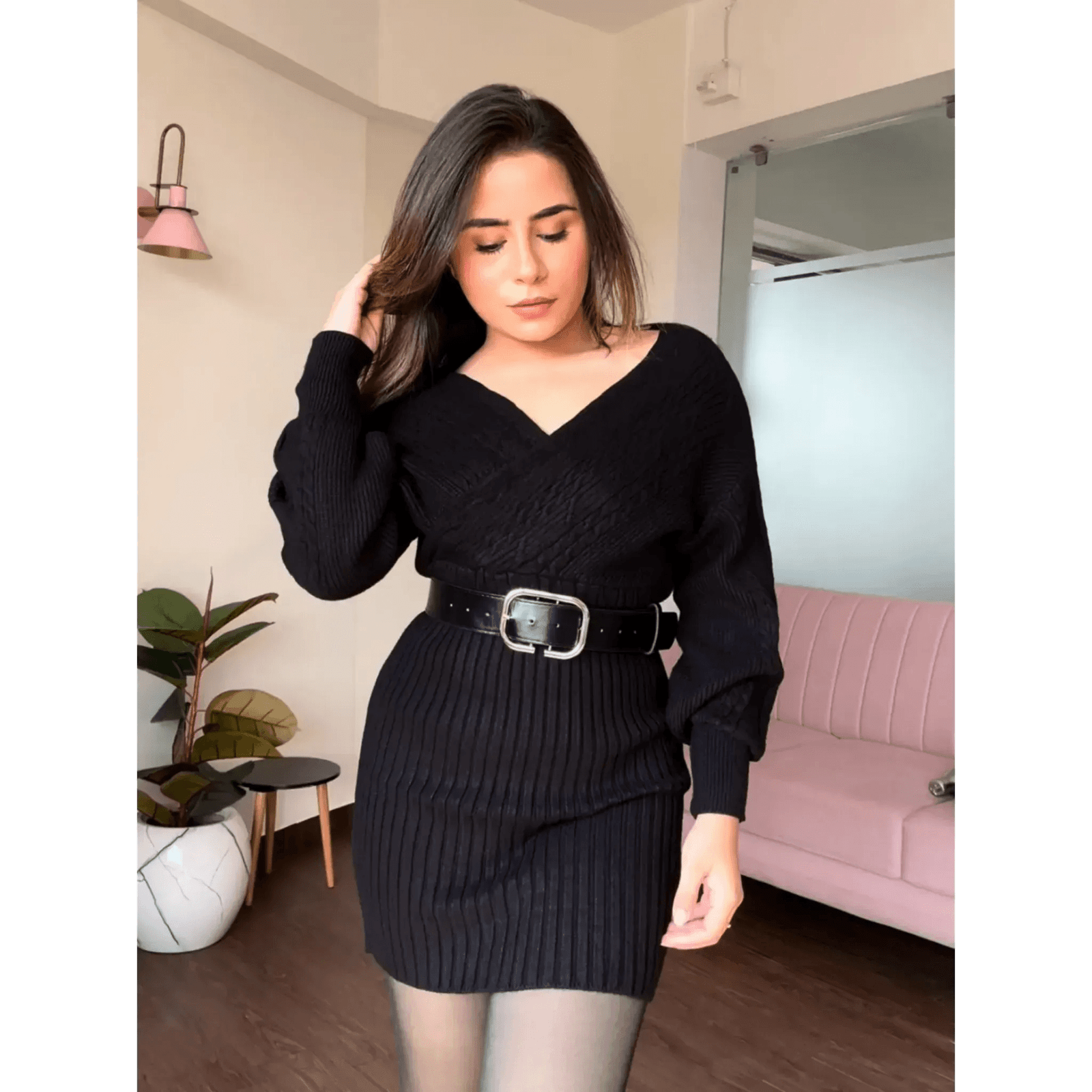 V Neck Soft Knitted Mini Dress