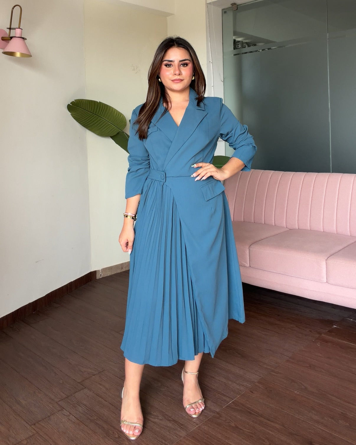 Collared Pleated Detailing Midi Blazer Dress