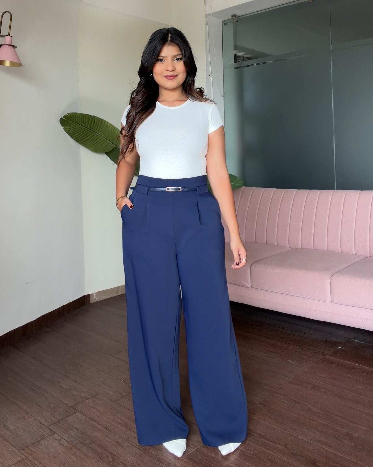 Straight Fit Wide Leg Pants With Belt For Women