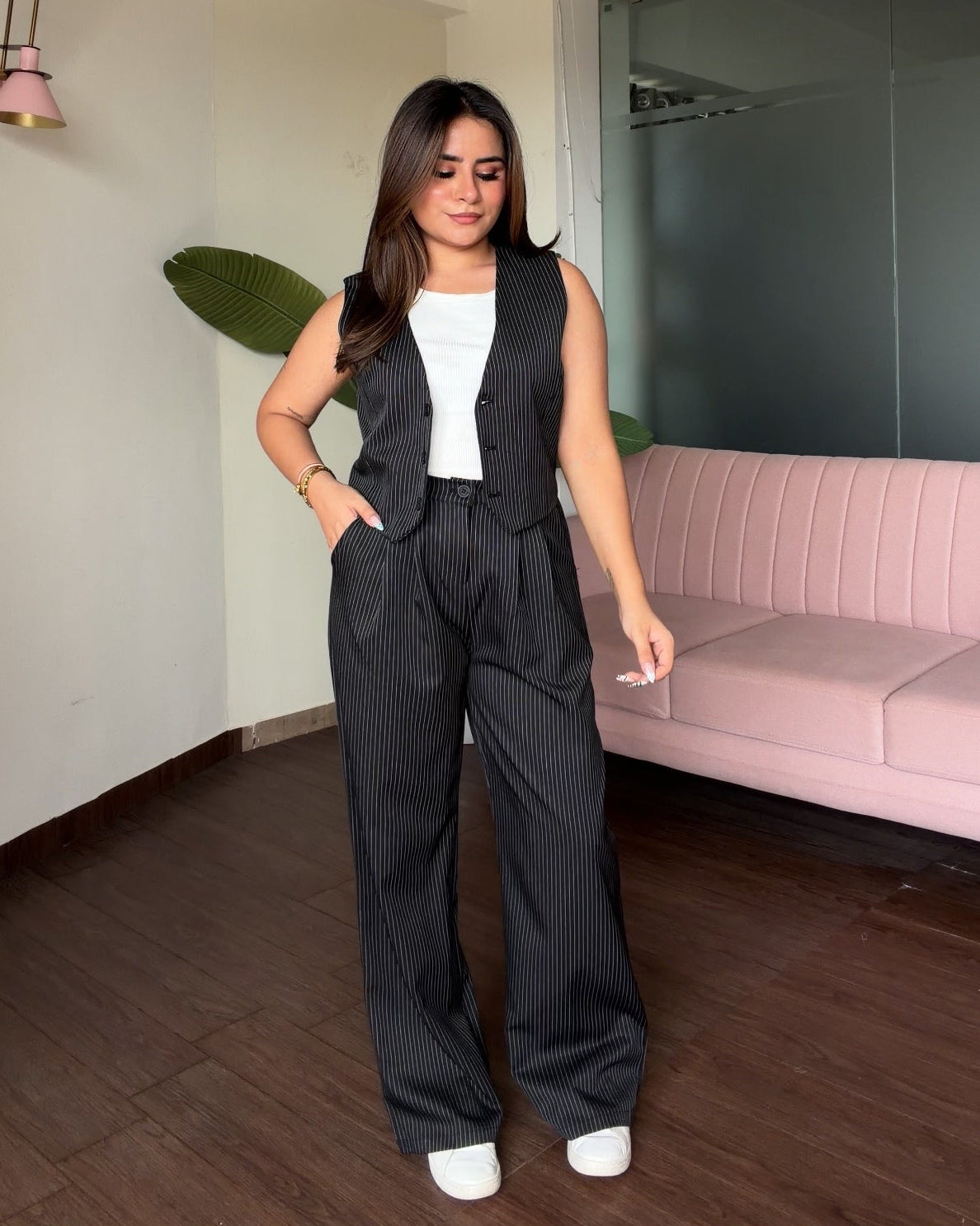 Striped Detailing Vest With Cami Top And Pants Co-ord Set