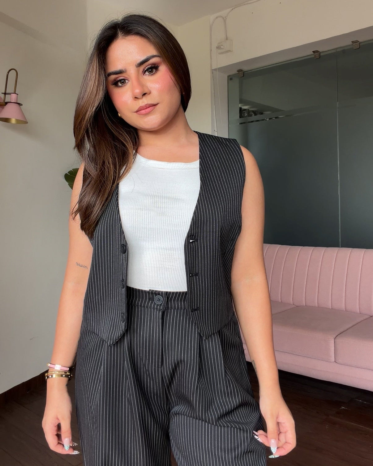 Striped Detailing Vest With Cami Top And Pants Co-ord Set