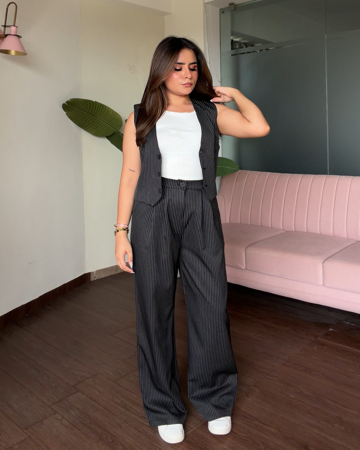 Striped Detailing Vest With Cami Top And Pants Co-ord Set