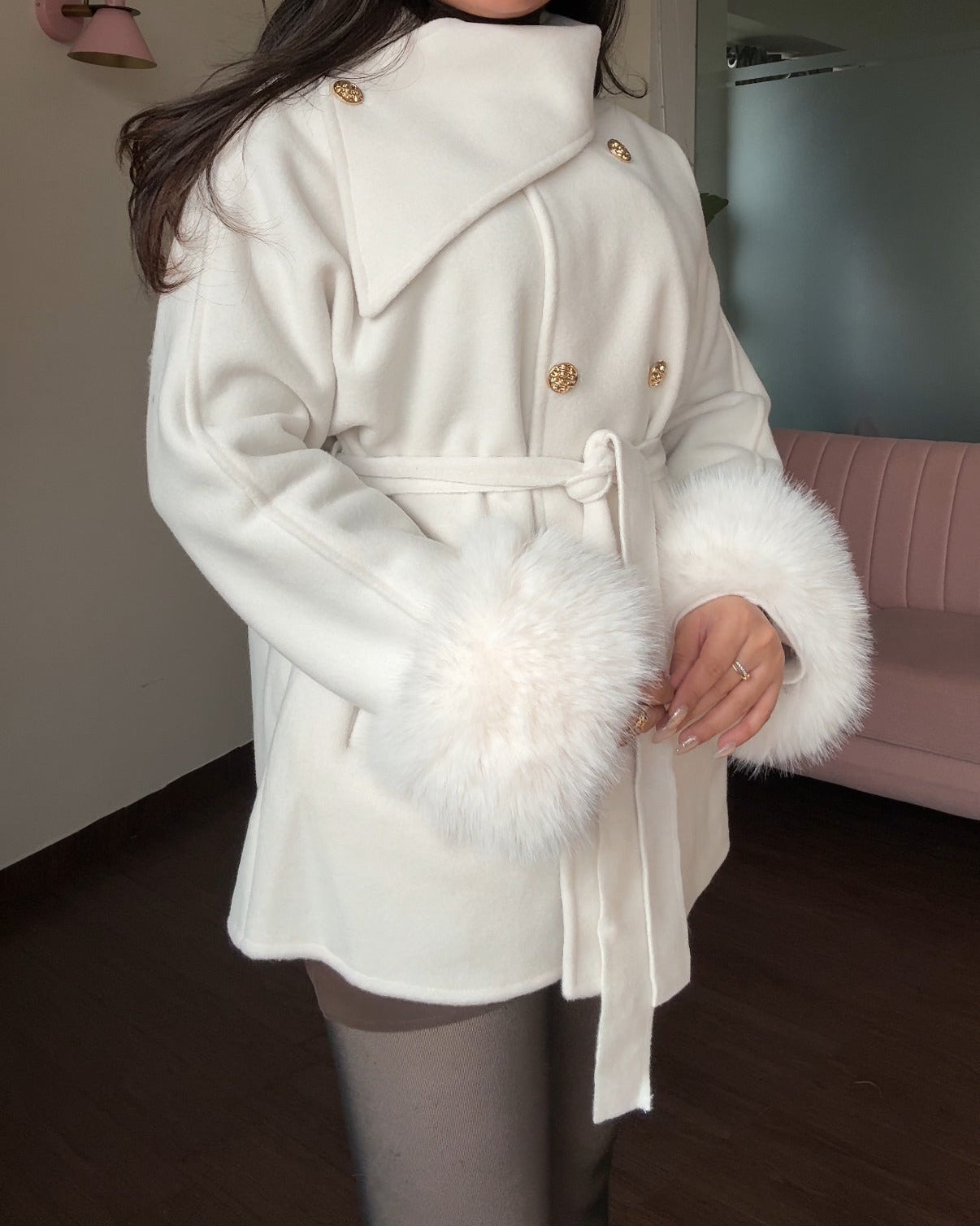 Mini Korean Fur Detailing Golden Button Woollen Coat