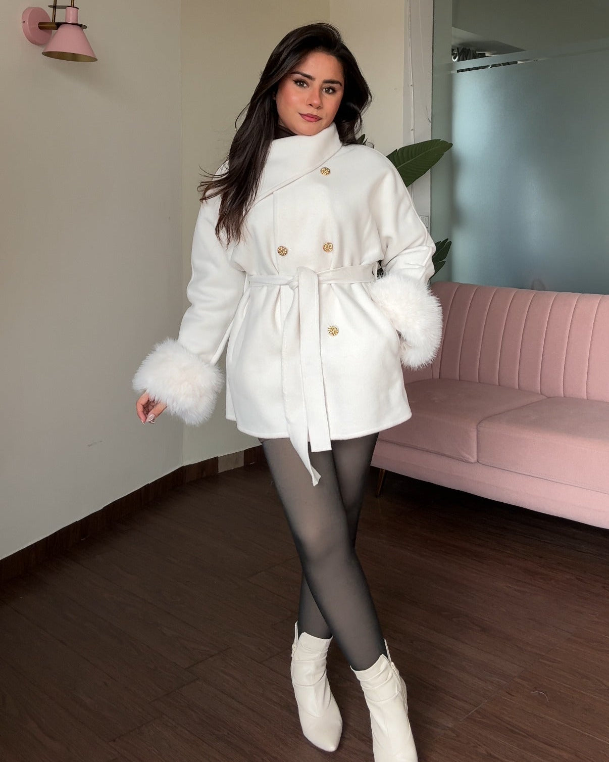 Mini Korean Fur Detailing Golden Button Woollen Coat