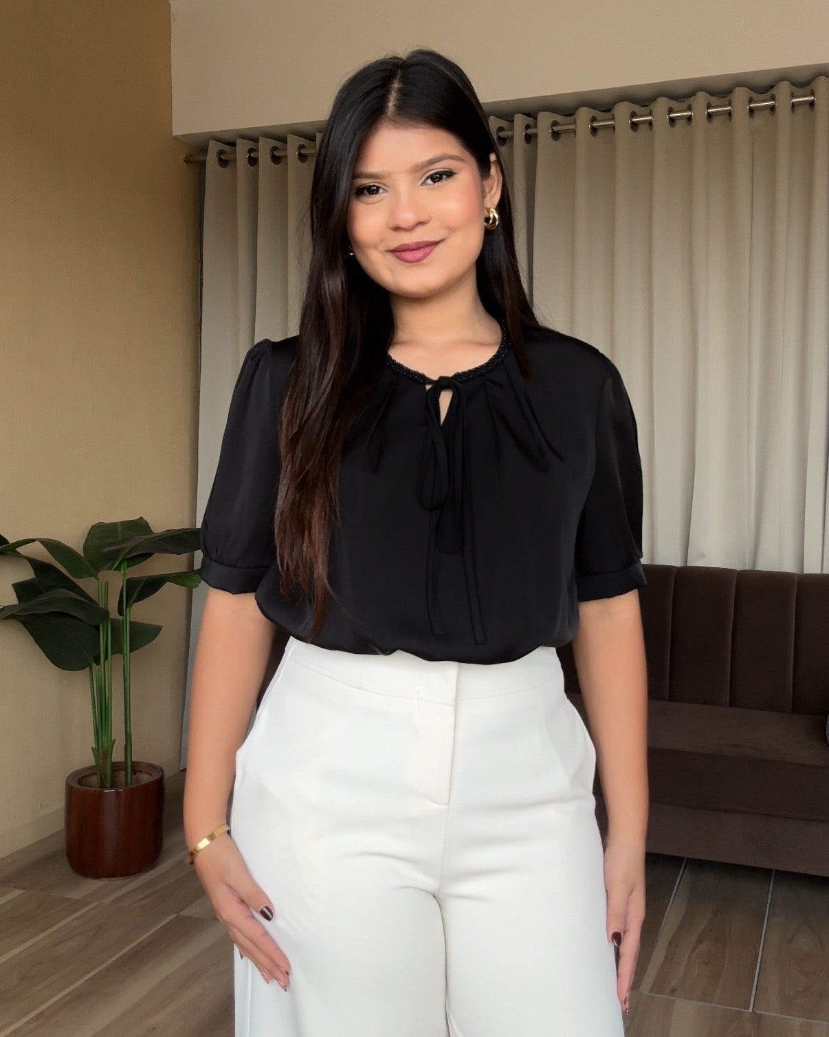 Pearl Collar Detailing Tie Up Satin Blouse