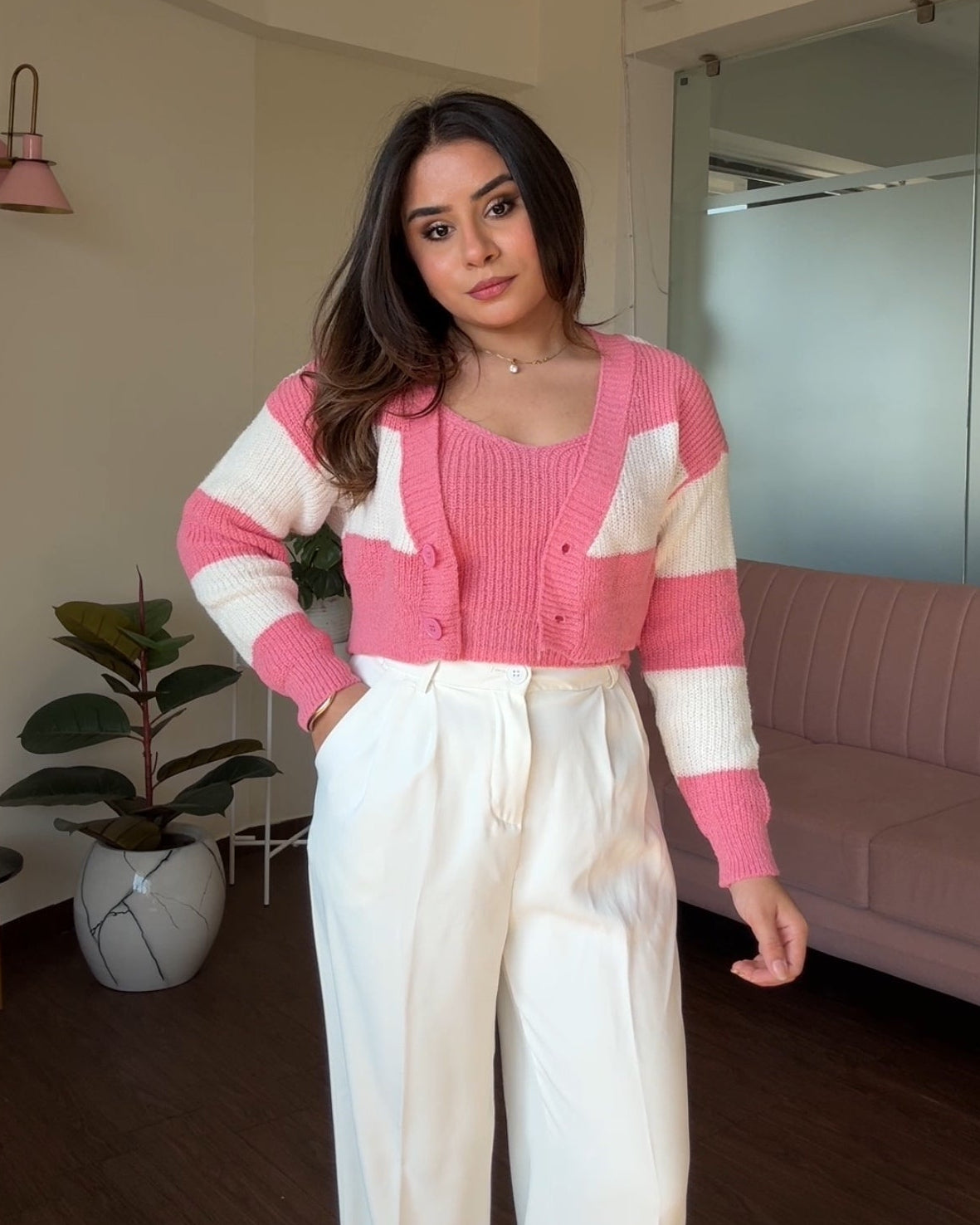 Stripped Crochet Woollen Cardigan Set