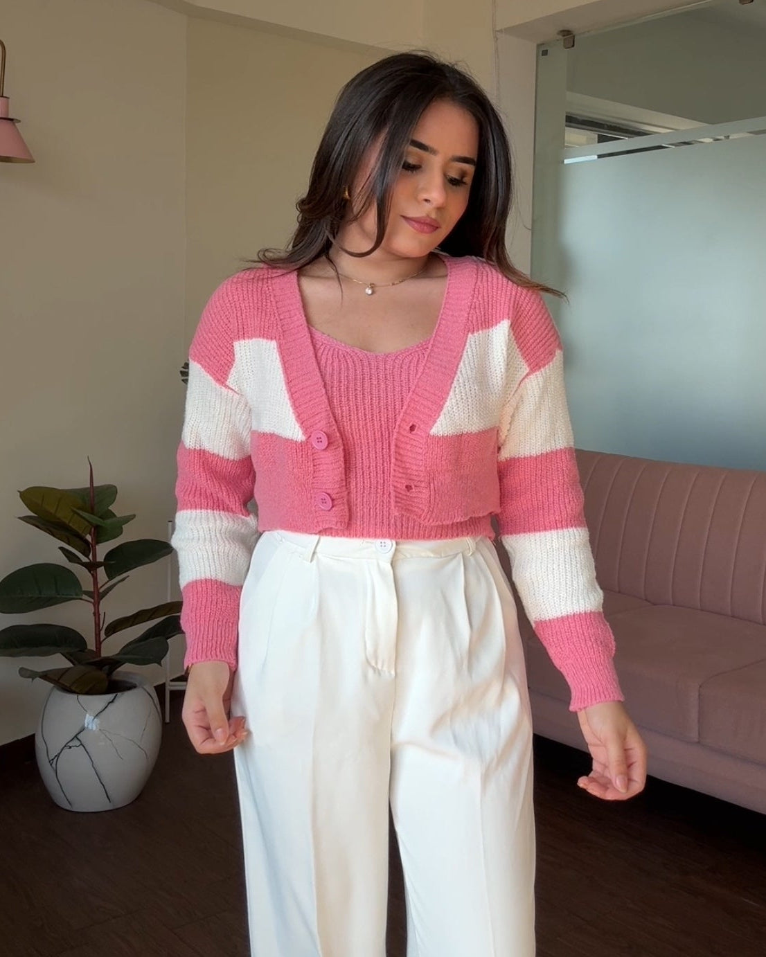 Stripped Crochet Woollen Cardigan Set