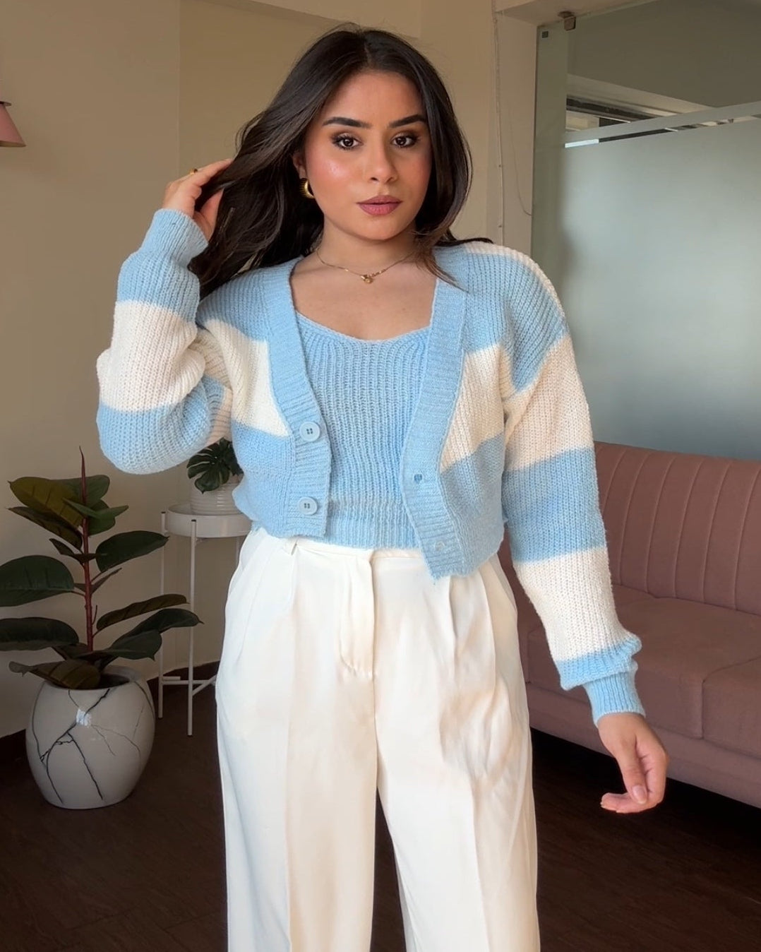 Stripped Crochet Woollen Cardigan Set