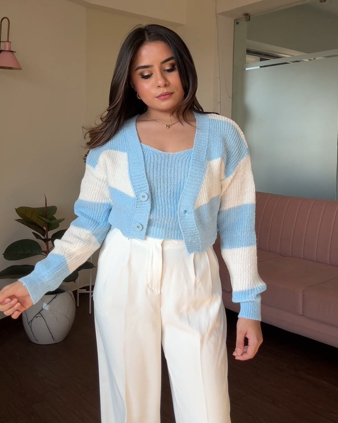 Stripped Crochet Woollen Cardigan Set