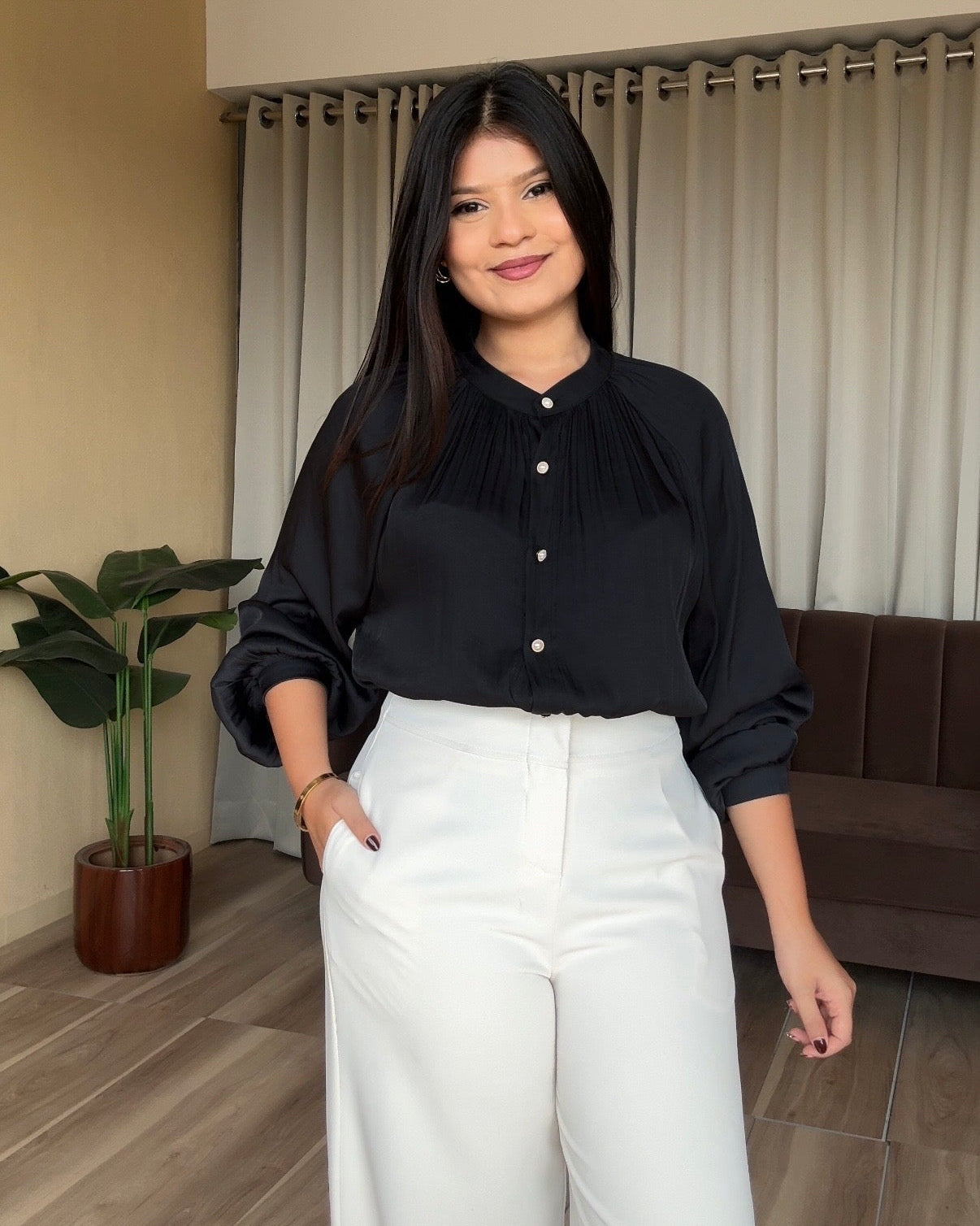 Button Up Draped Detailing Satin Blouse