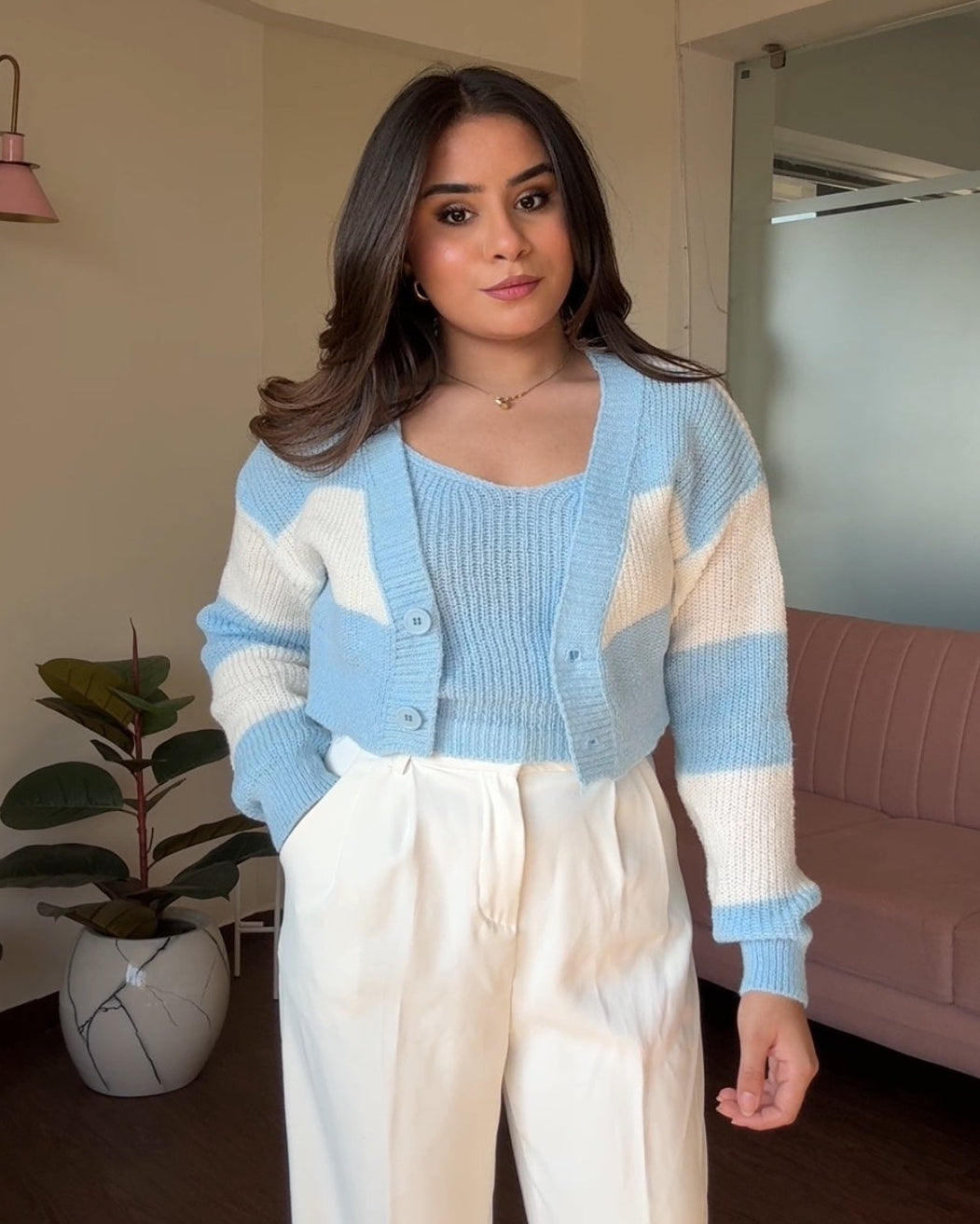 Stripped Crochet Woollen Cardigan Set