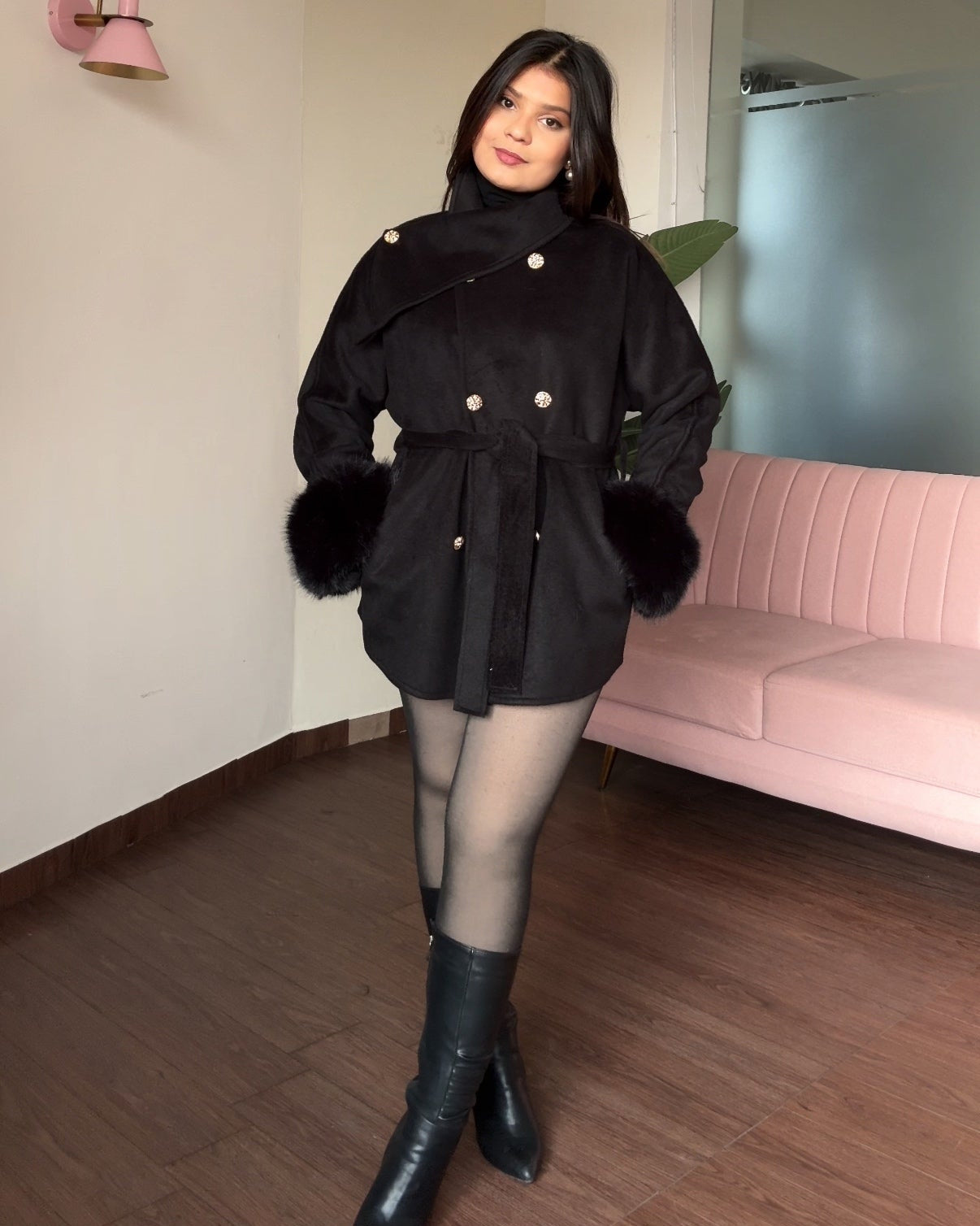 Mini Korean Fur Detailing Golden Button Woollen Coat