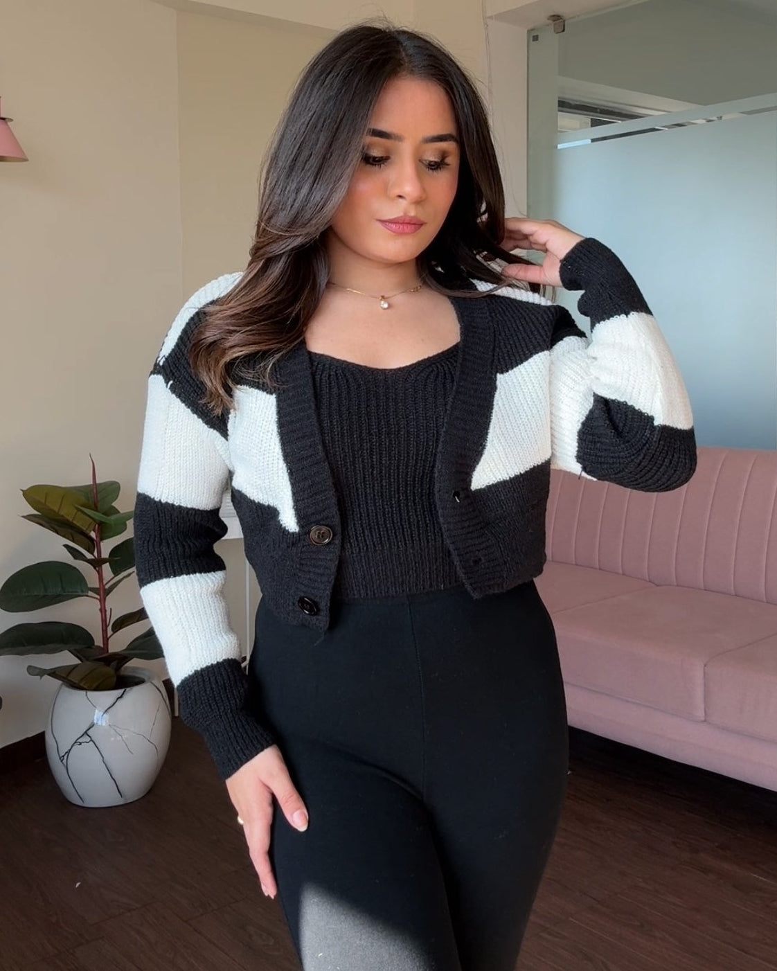 Stripped Crochet Woollen Cardigan Set