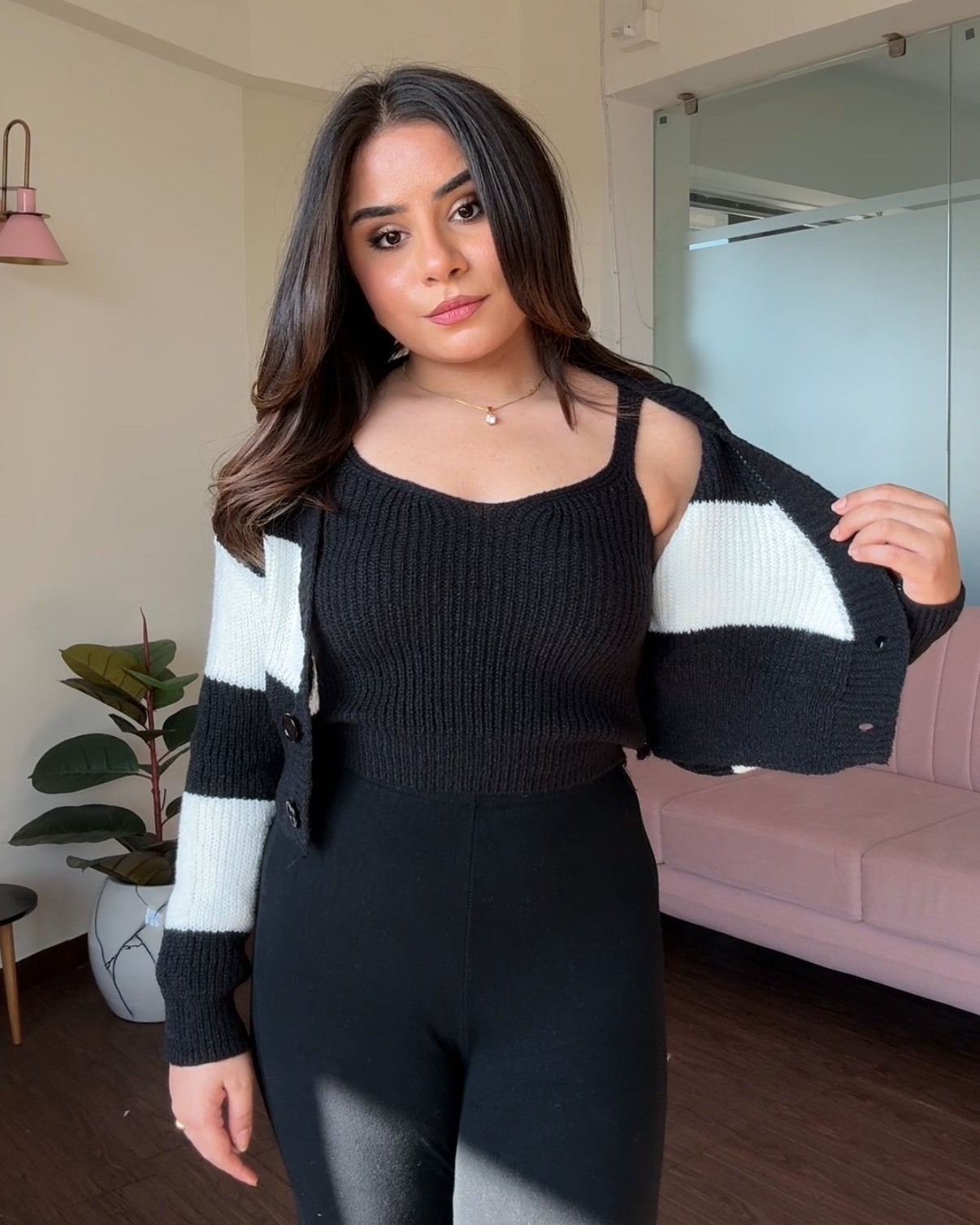 Stripped Crochet Woollen Cardigan Set