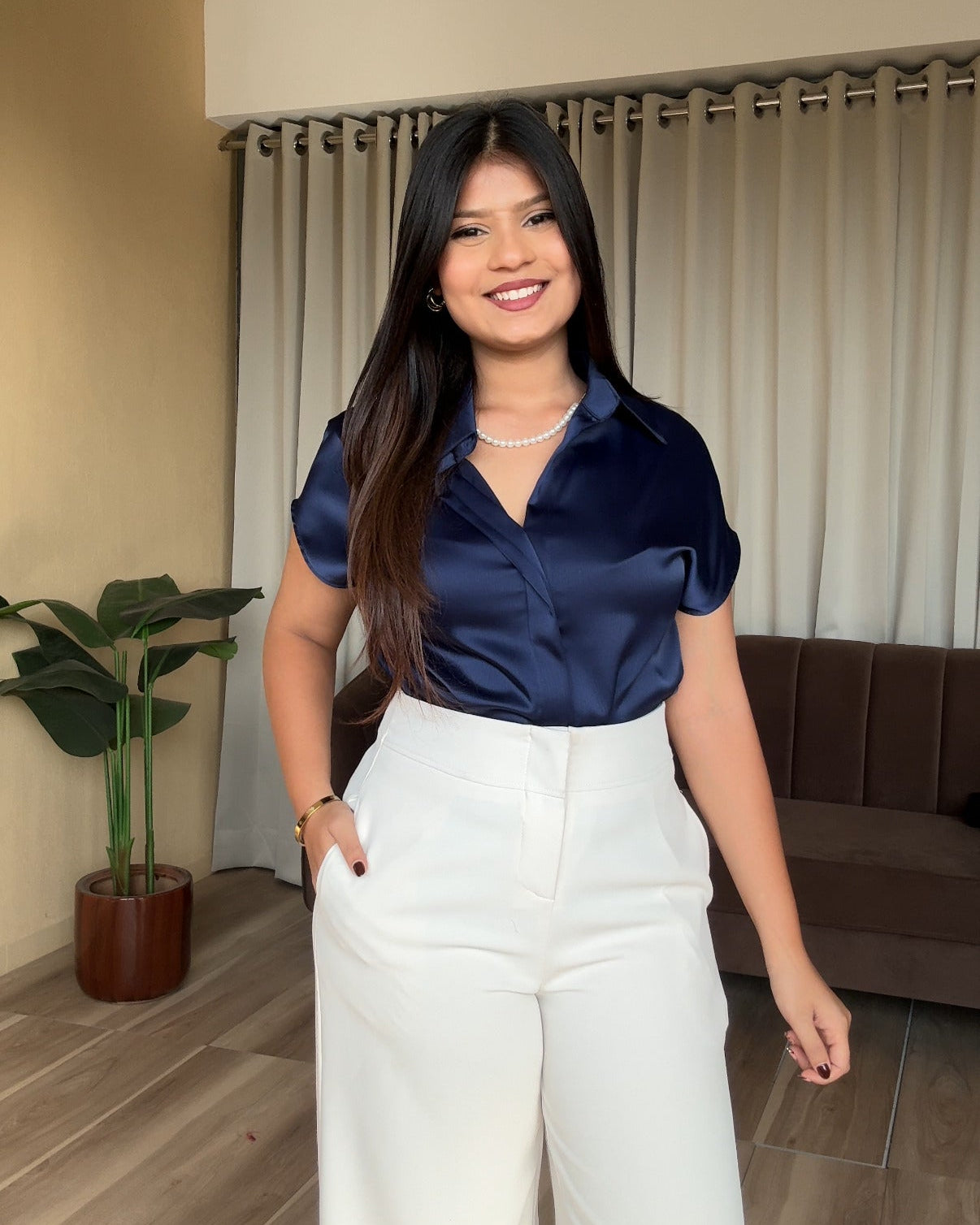 Cut Sleeve Detailing Satin Blouse With Pearl Necklace