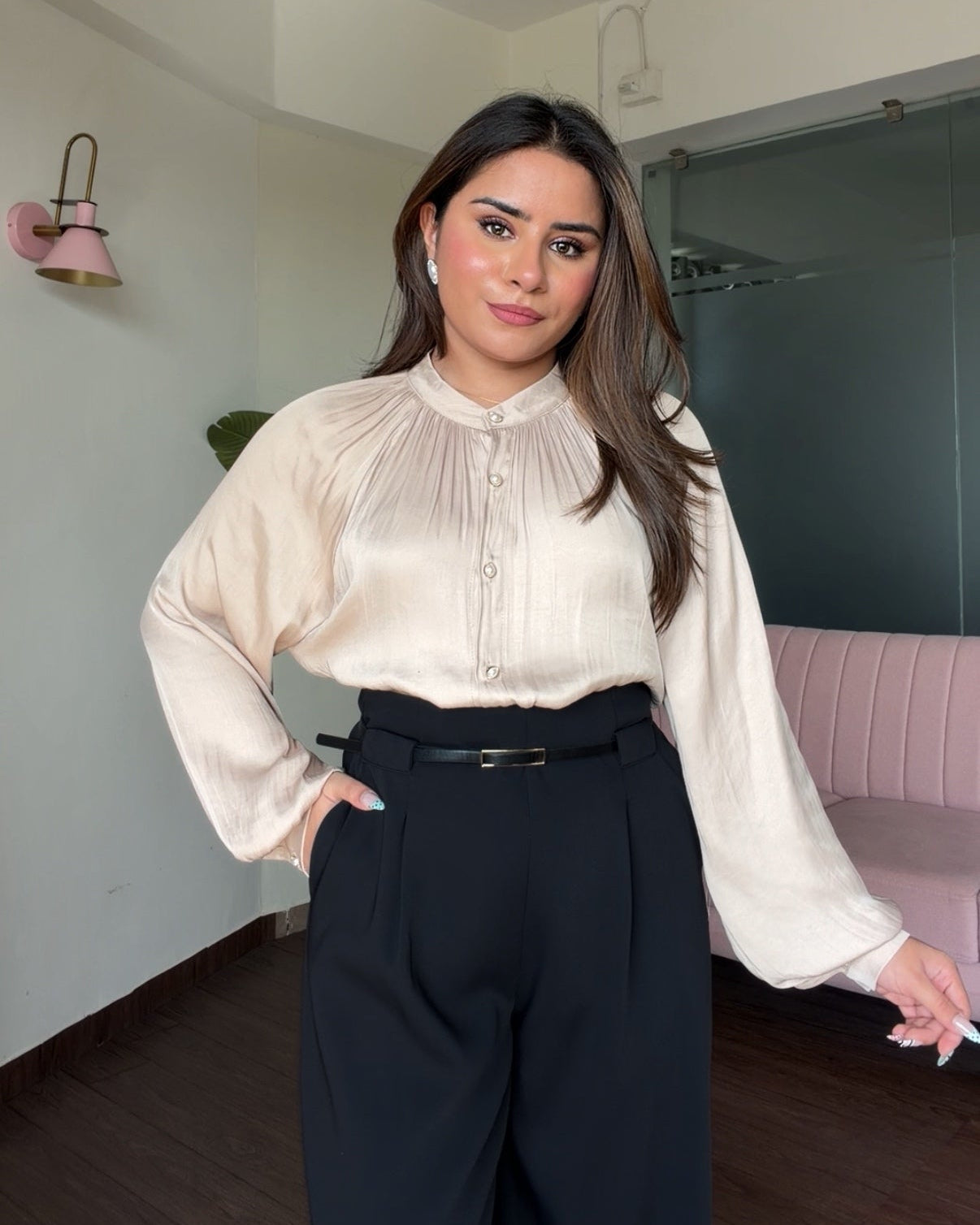 Button Up Draped Detailing Satin Blouse