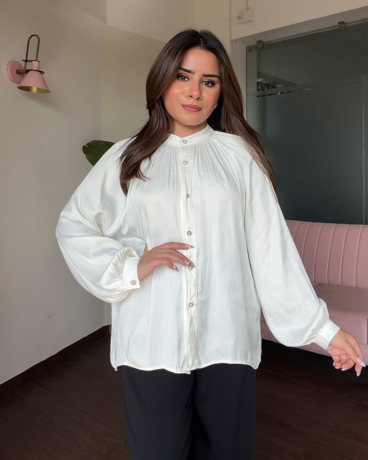 Button Up Draped Detailing Satin Blouse